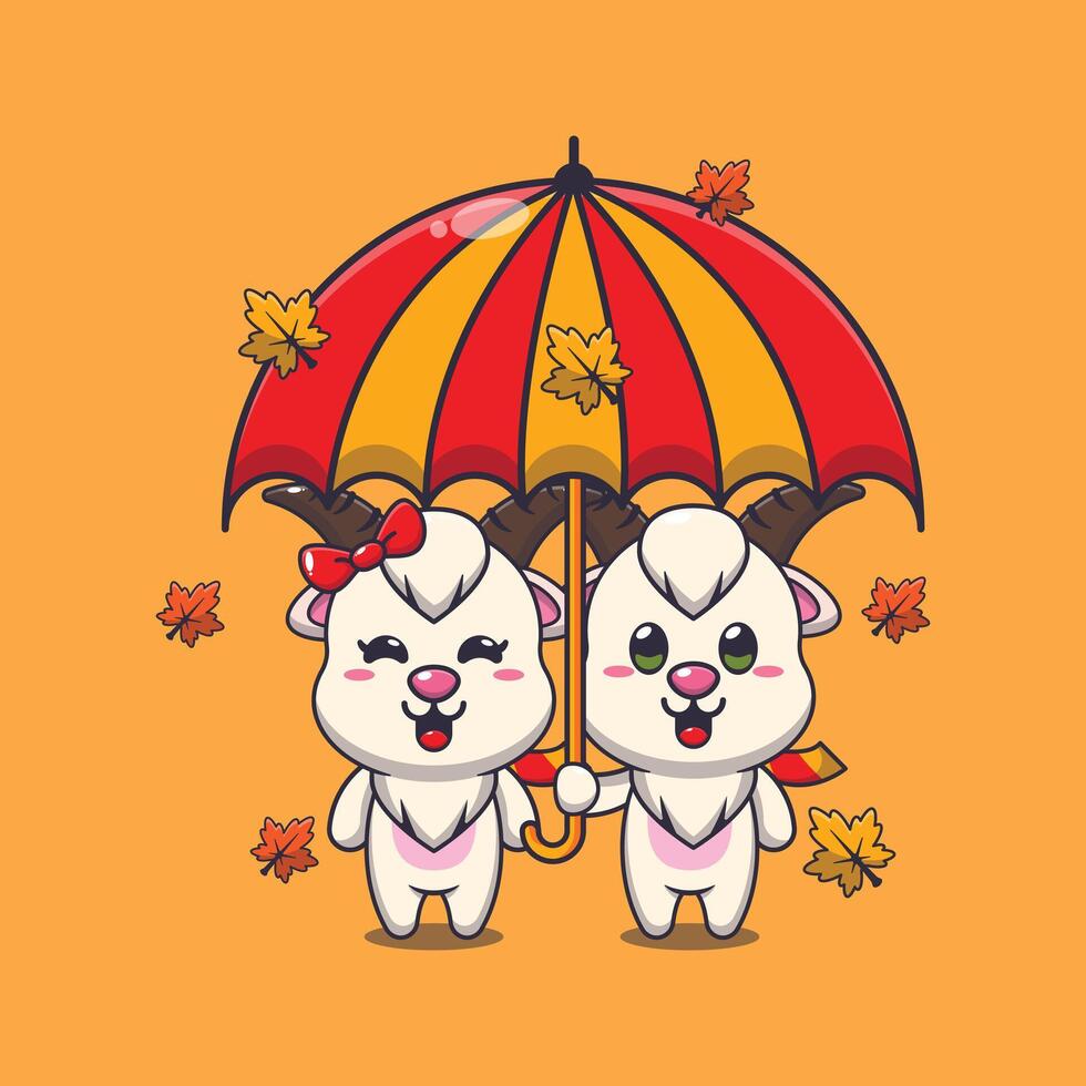 fofa casal bode com guarda-chuva às outono estação desenho animado ilustração. vetor