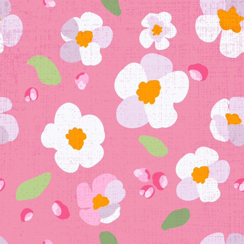 desatado padronizar tradicional sakura flores Rosa fundo textura mão desenhado folk branco pétalas verde margarida folhas brilhante enfeite ilustração vetor