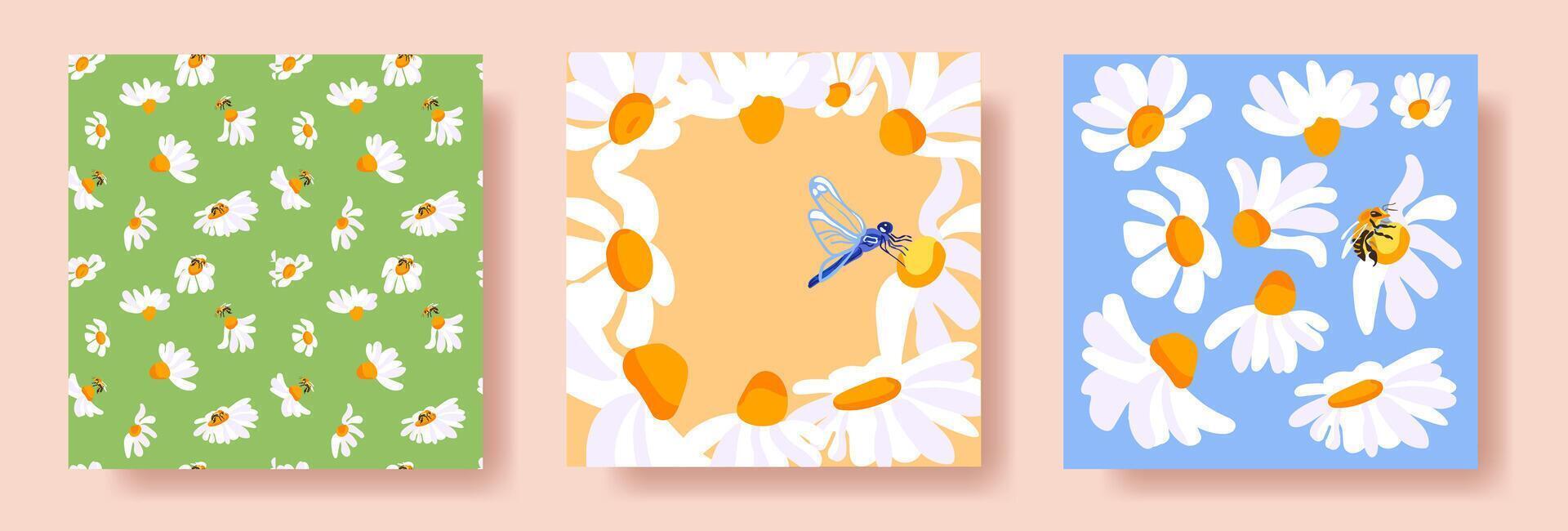 3 verão quadrado cartazes margaridas abelha libélula branco amarelo quadro, Armação verde padronizar azul cartão postal modelo faixas fofa fundo vetor