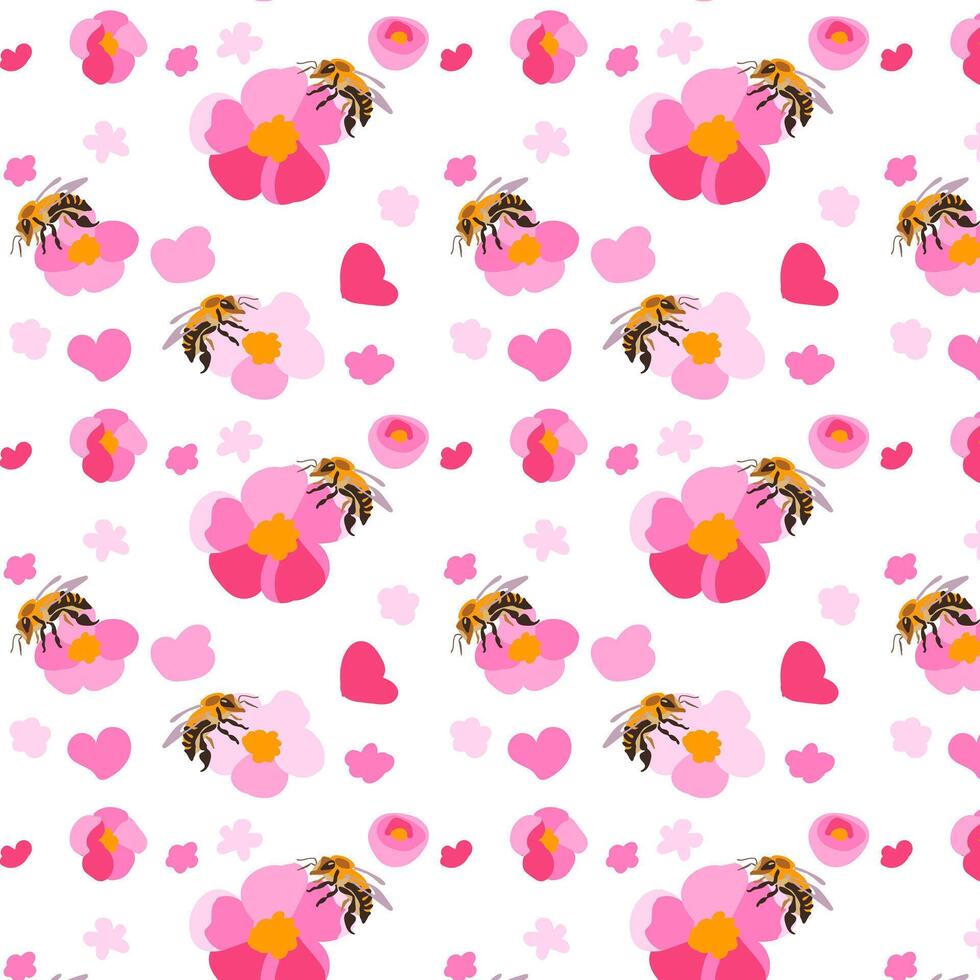 desatado padronizar sakura flores abelha branco fundo textura mão desenhado Rosa margarida pétalas folk brilhante enfeite ilustração vetor