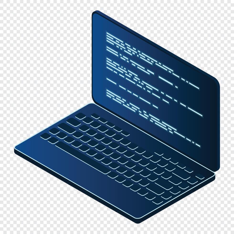 isométrico computador portátil. 3d isométrico computador portátil computador. abstrato programação língua e programa código em uma computador portátil tela. ilustração vetor