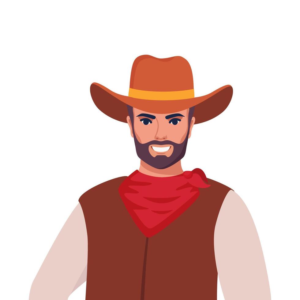 retrato do feliz sorridente vaqueiro dentro chapéu em pé dentro retro ocidental roupa. americano homem a partir de selvagem oeste. vetor