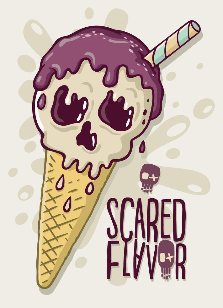 ilustração dentro desenho animado estilo do gelo creme cone com crânio face. estilizado obra de arte. Projeto para impressão em Camisetas, adesivos, decoração e de outros propósitos. vetor