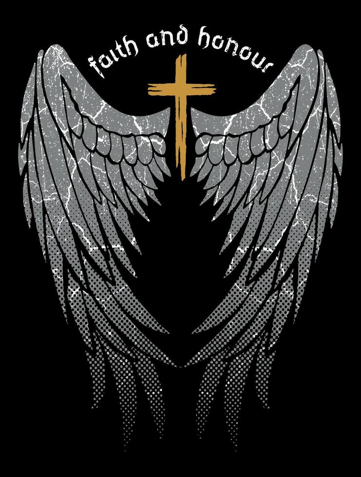 ilustração do letras, crucifixo e anjo asas. vetor