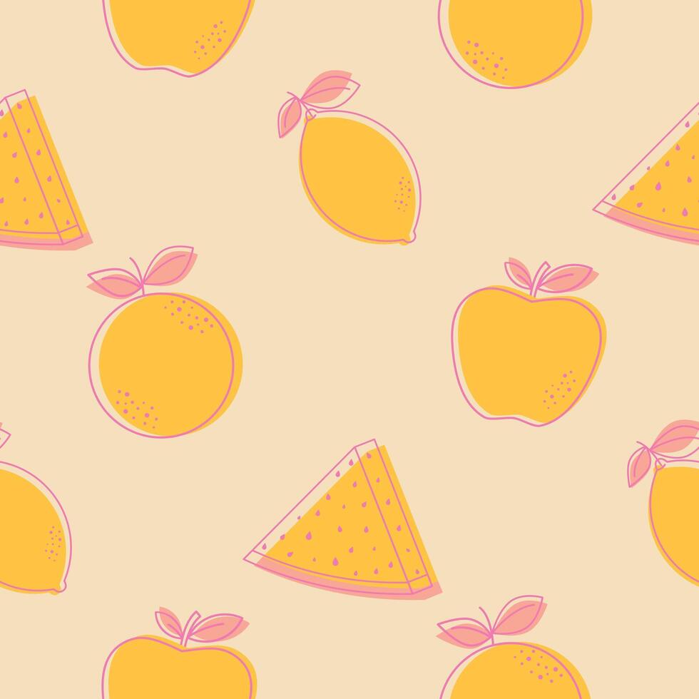 verão amarelo e Rosa desatado padronizar com uma peça do melancia, laranja, maçã e limão vetor