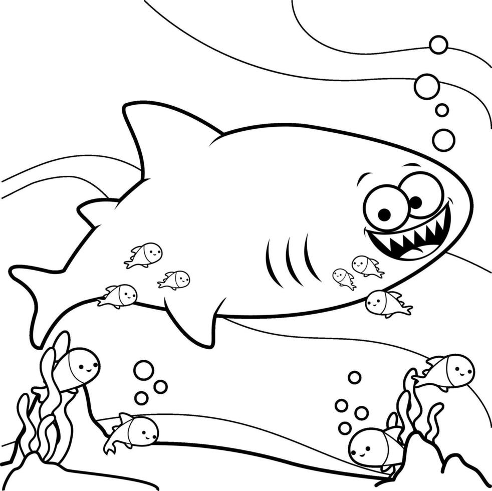 desenho animado Tubarão personagem natação embaixo da agua. mar animais, Tubarão e peixe dentro a oceano. Preto e branco coloração página. vetor