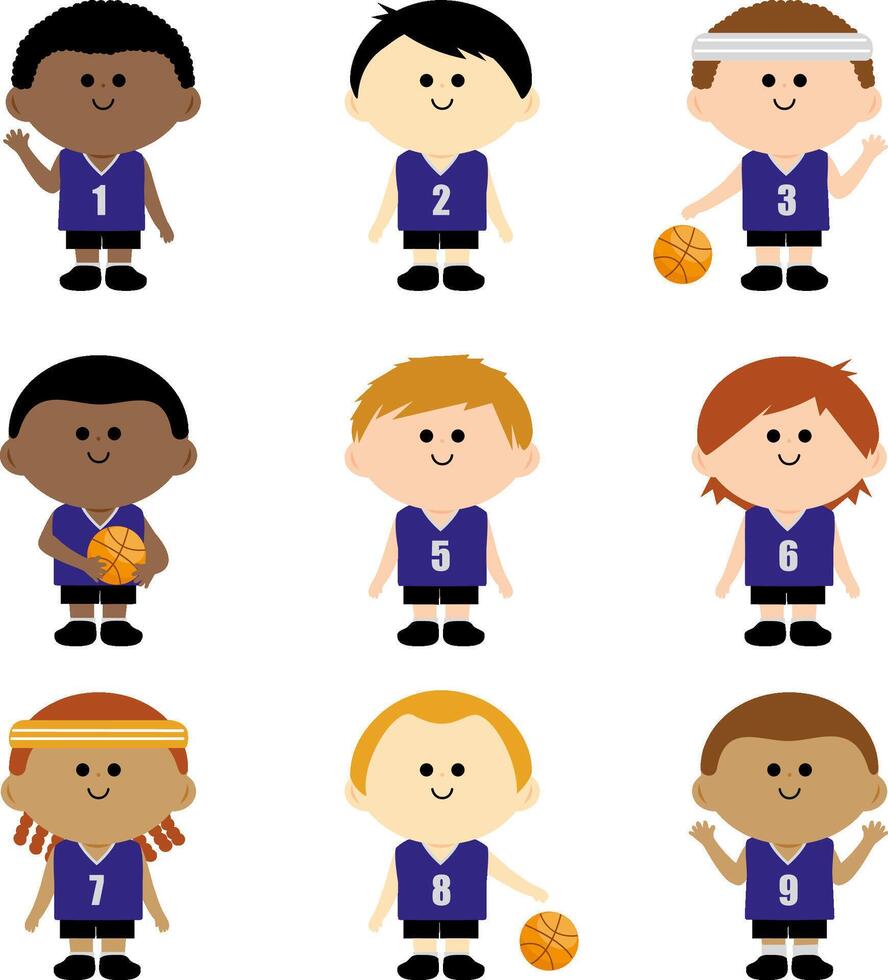 Rapazes basquetebol Esportes equipe. multirracial diverso grupo do crianças basquetebol jogadoras. vetor