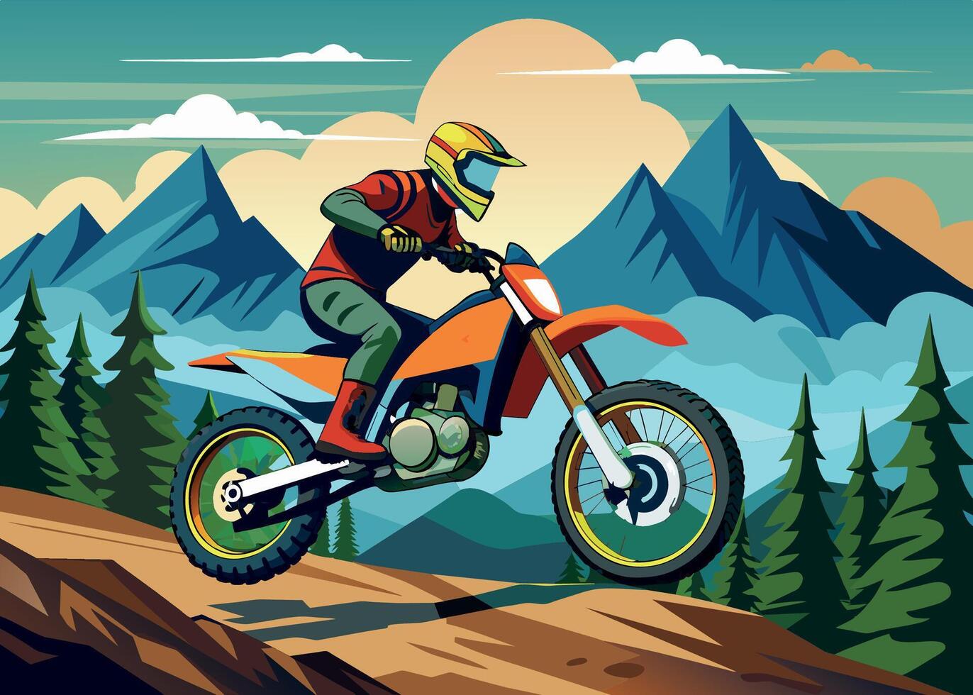 desportista em motocross motocicleta dentro a montanhas enquanto fazendo uma façanha pular- vetor