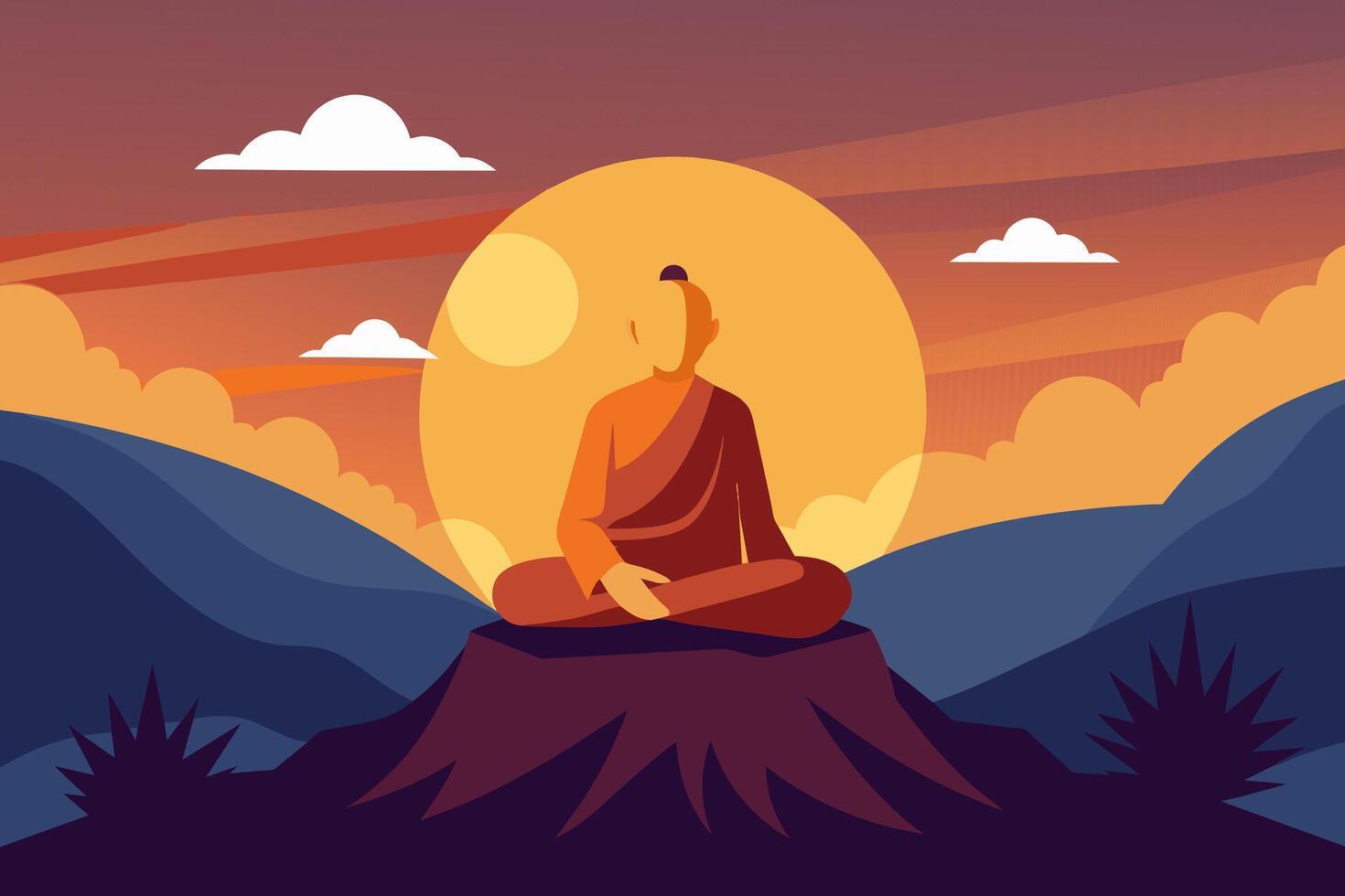 budista monge meditando em montanha às nascer do sol. espiritual contemplação com tirar o fôlego panorama. conceito do budismo, oração, zen, e espiritual iluminação às crepúsculo. gráfico arte vetor