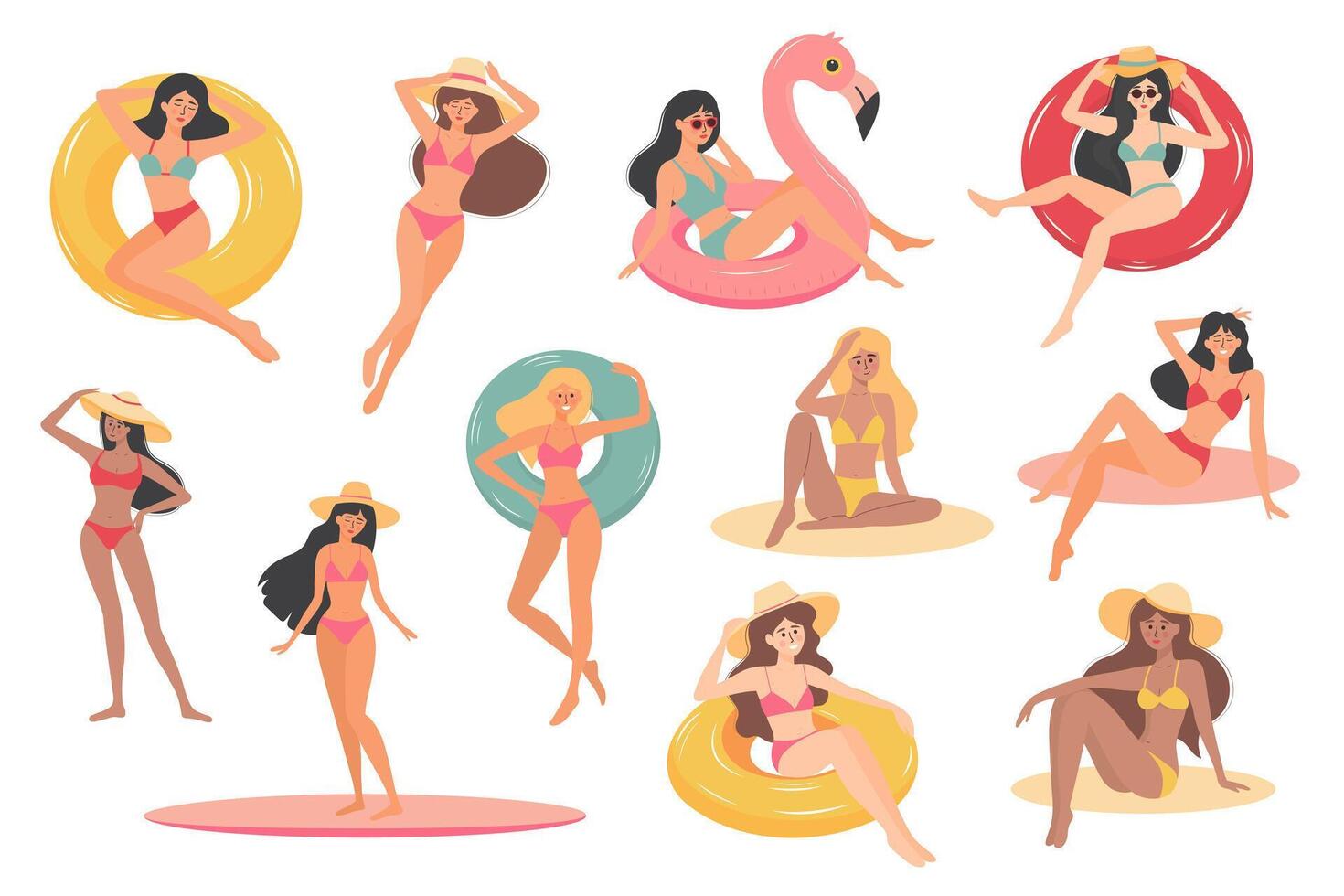 lindo verão meninas dentro maiôs com diferente pele cores. mulheres dentro biquínis em inflável argolas, em uma prancha de surfe, banho de sol, relaxante. vetor