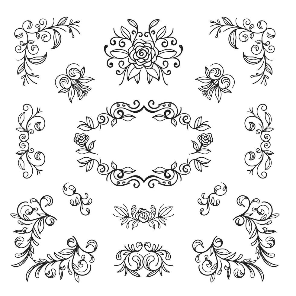 clássico caligrafia redemoinhos, swashes, divisores, floral motivos. rolagem elementos e ornamentado vintage quadros. Boa para cumprimento cartões, Casamento convites, restaurante cardápio, real certificados. vetor