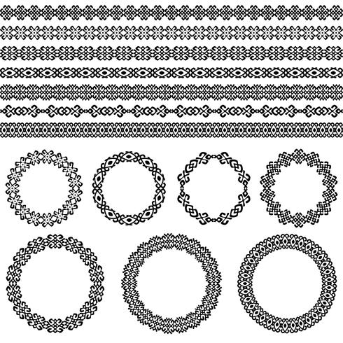 Conjunto de fronteira abstrata étnica. Molduras redondas e bordas. Padrões de elemento de decoração nas cores preto e brancas. Ilustração vetorial vetor