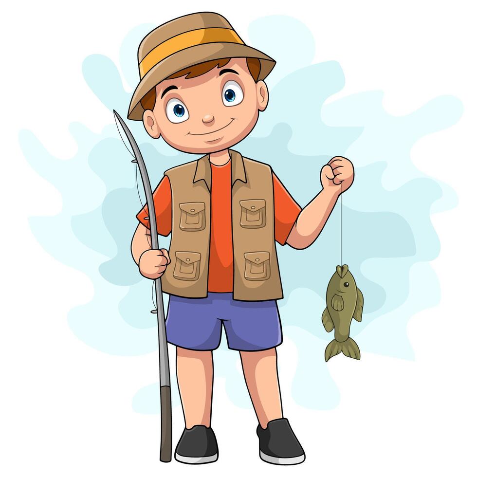 desenho animado menino feliz pescando vetor