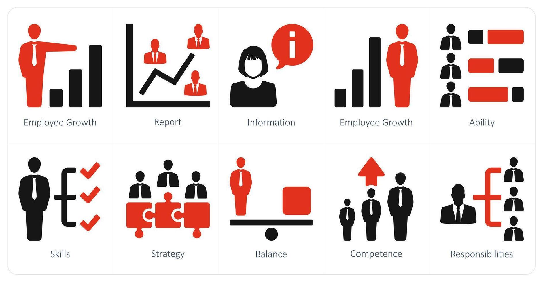 uma conjunto do 10 humano recurso ícones Como empregado crescimento, relatório, em formação vetor