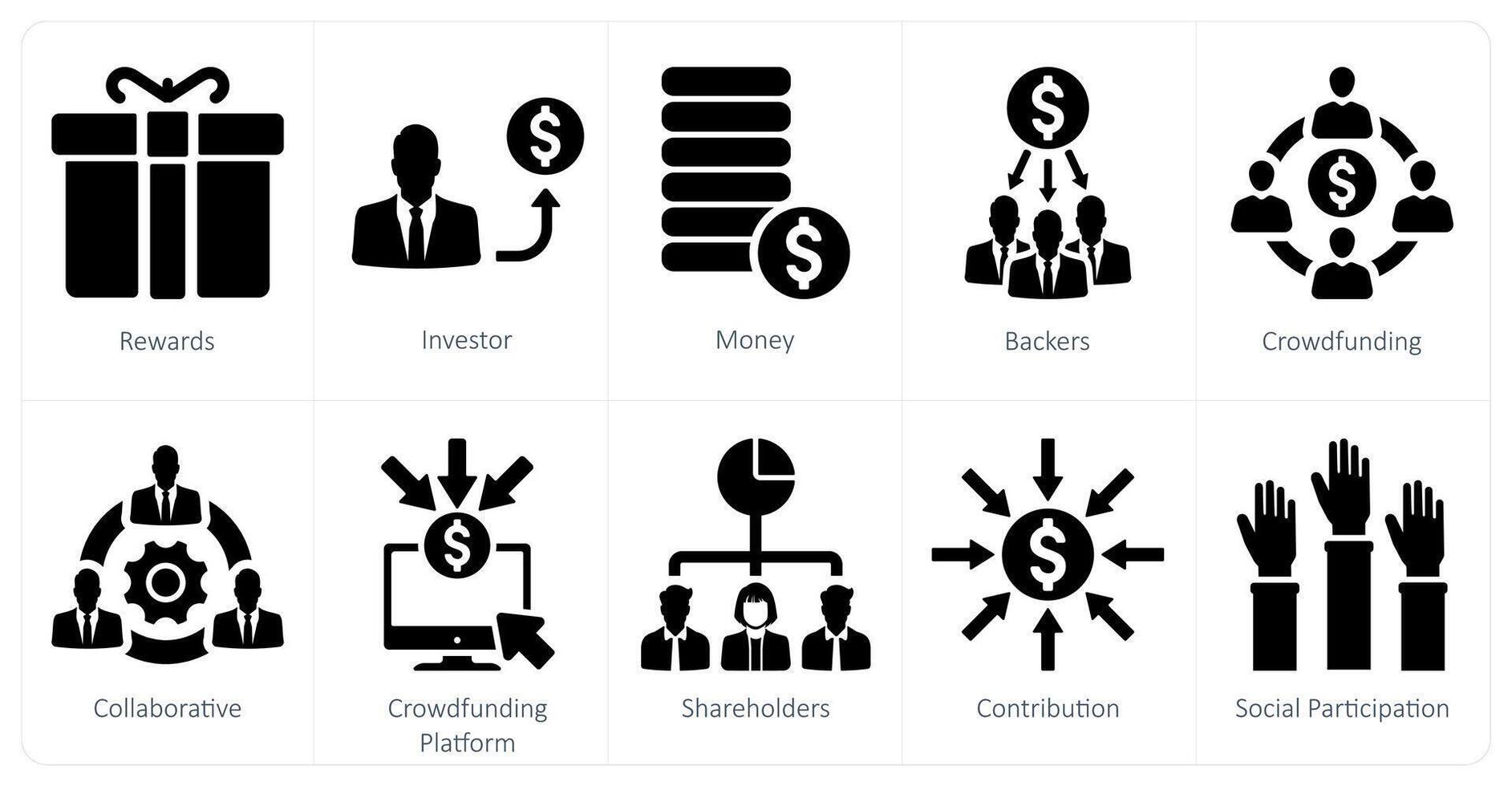 uma conjunto do 10 financiamento colaborativo ícones Como recompensas, investidor, dinheiro vetor