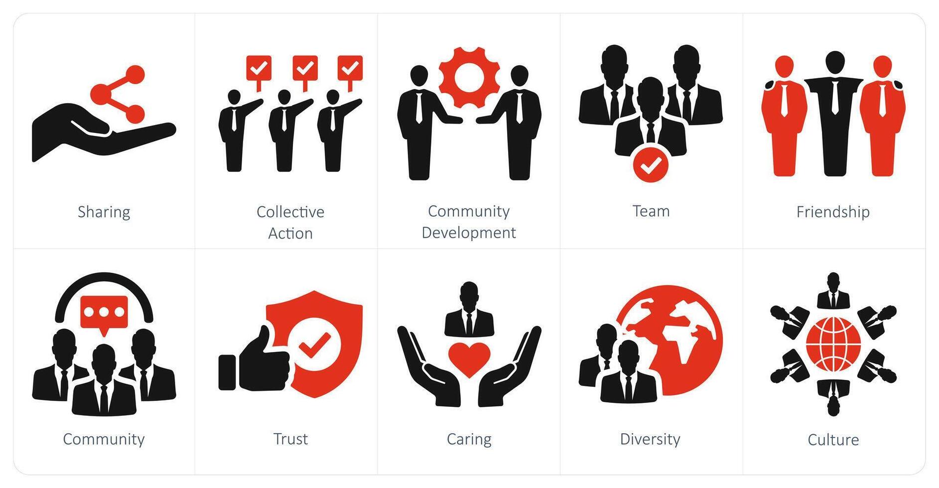 uma conjunto do 10 comunidade ícones Como compartilhamento, coletivo Ação, comunidade desenvolvimento vetor