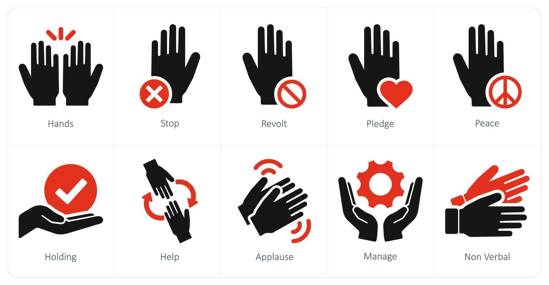 uma conjunto do 10 mãos ícones Como mãos, parar, revolta vetor