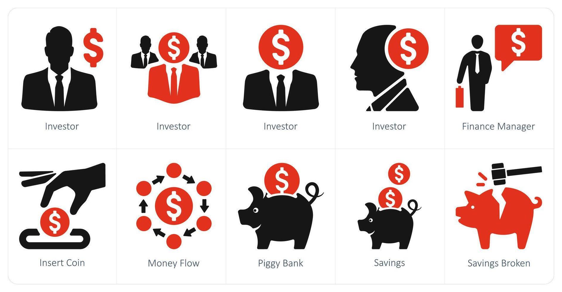 uma conjunto do 10 finança ícones Como investidor, finança gerente, inserir moeda vetor