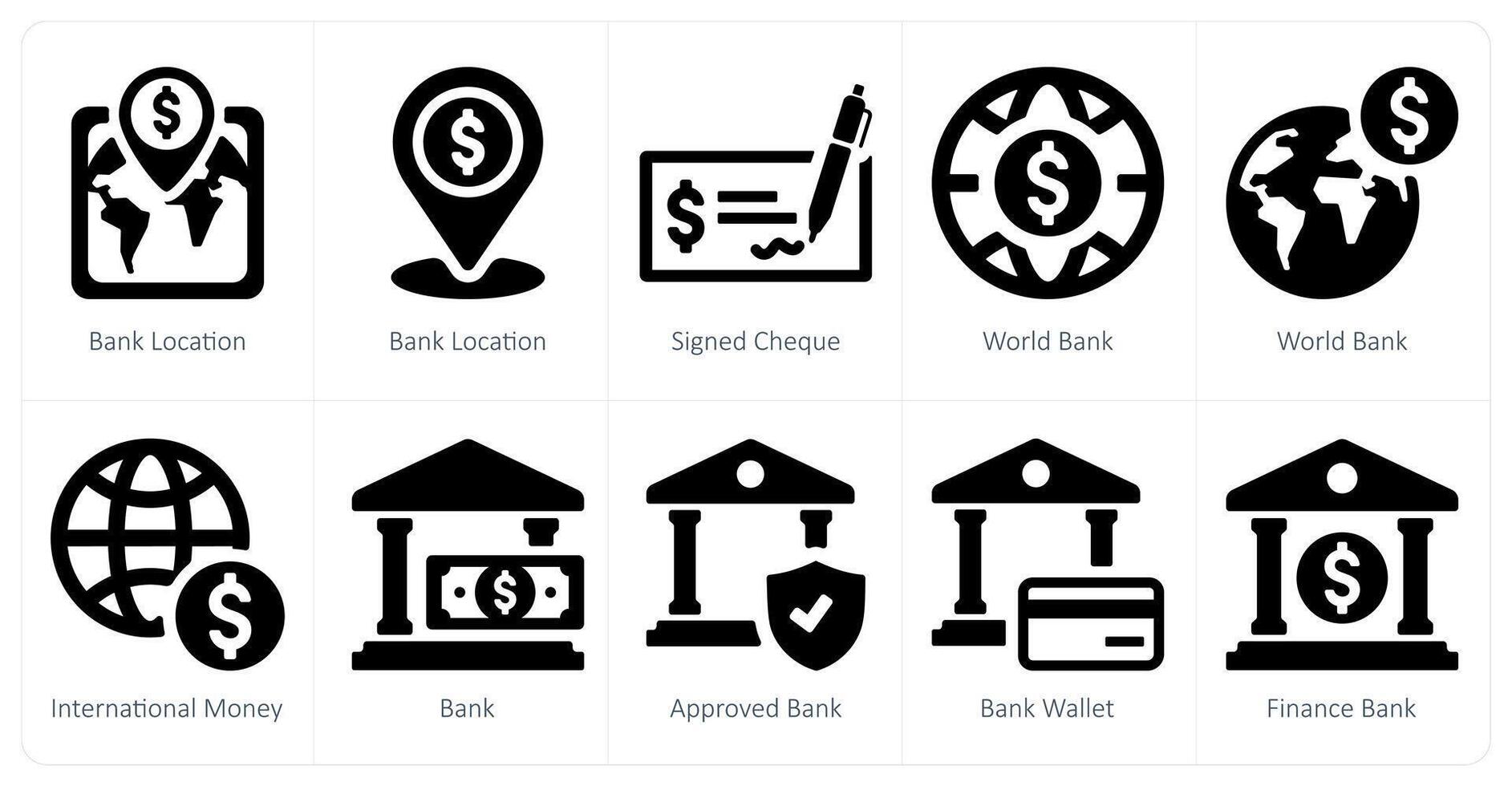 uma conjunto do 10 finança ícones Como banco localização, assinado verificar, mundo banco vetor