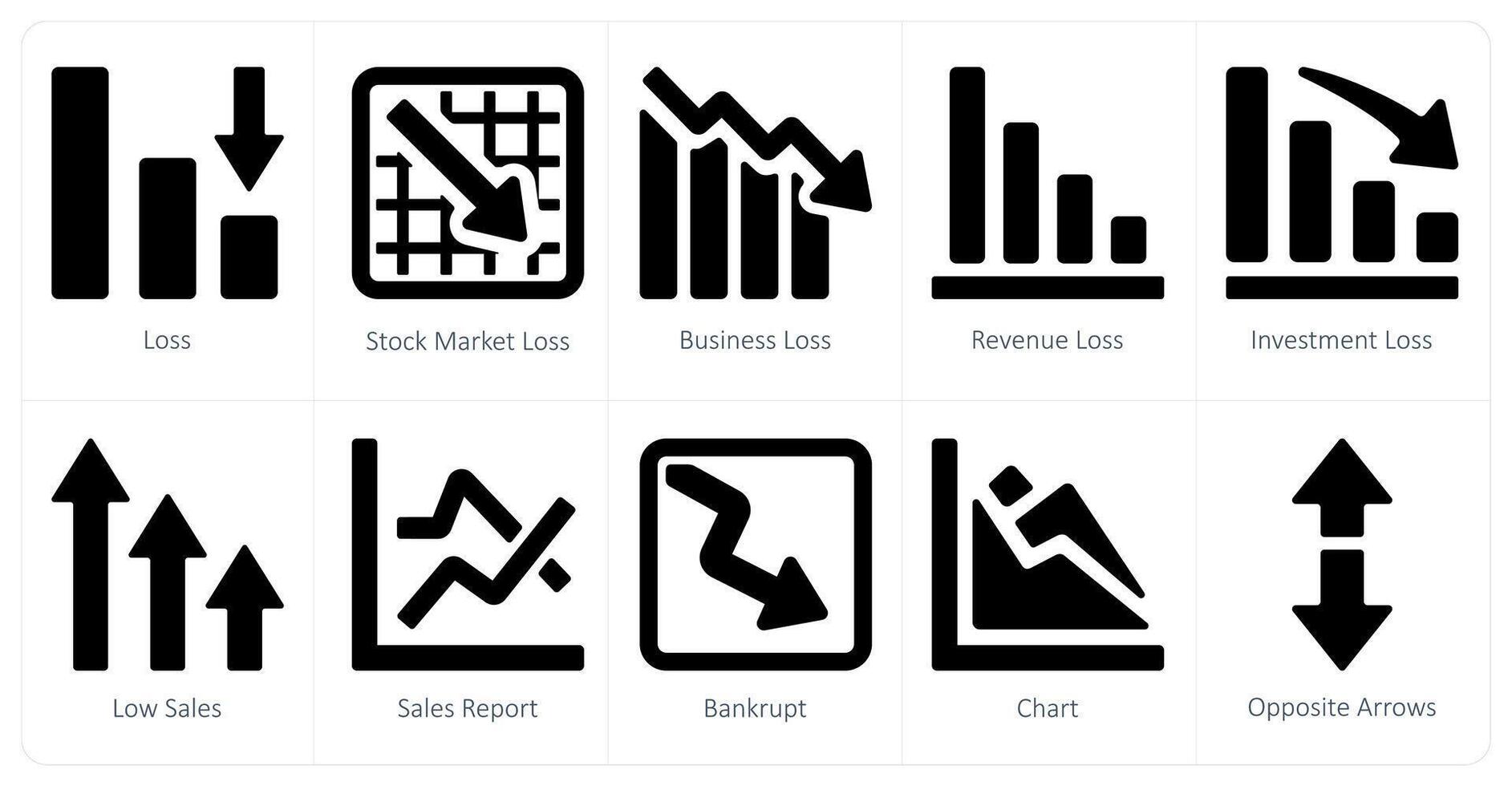 uma conjunto do 10 diagramas e relatórios ícones Como perda, estoque mercado perda, o negócio perda vetor