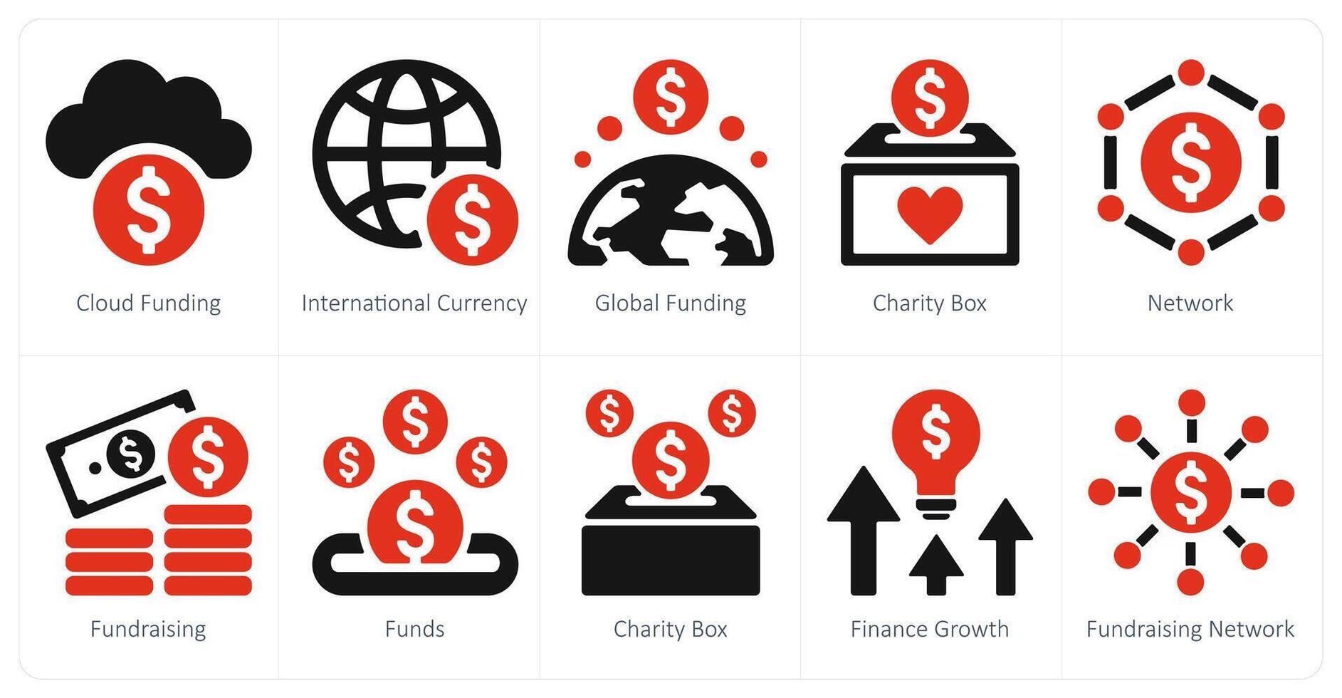 uma conjunto do 10 financiamento colaborativo e doação ícones Como nuvem financiamento, internacional moeda, global financiamento vetor