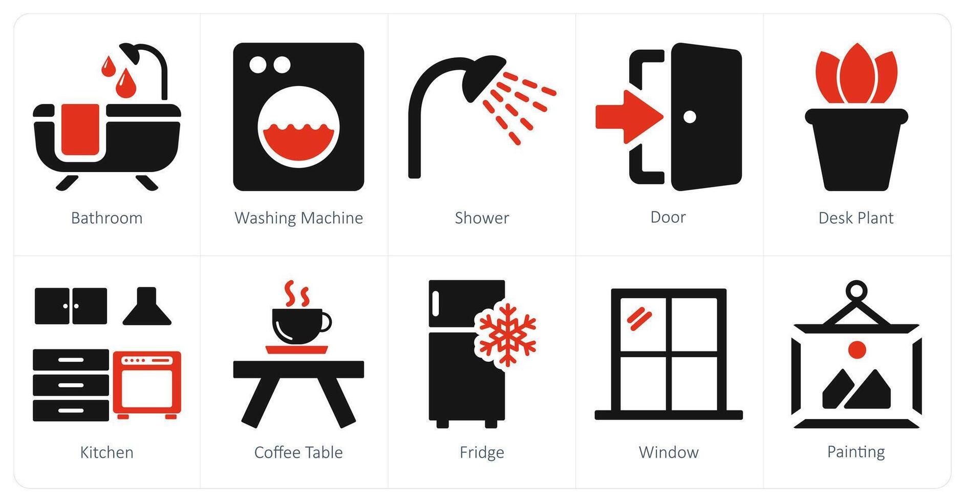 uma conjunto do 10 casa interior ícones Como banheiro, lavando máquina, chuveiro vetor