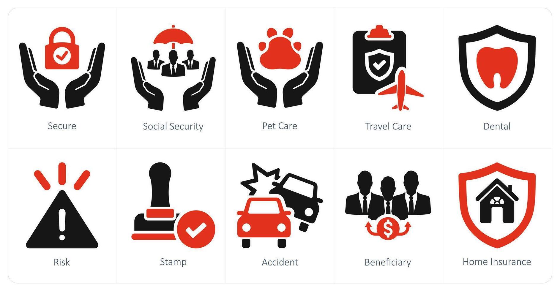 uma conjunto do 10 seguro ícones Como seguro, social segurança, animal Cuidado vetor
