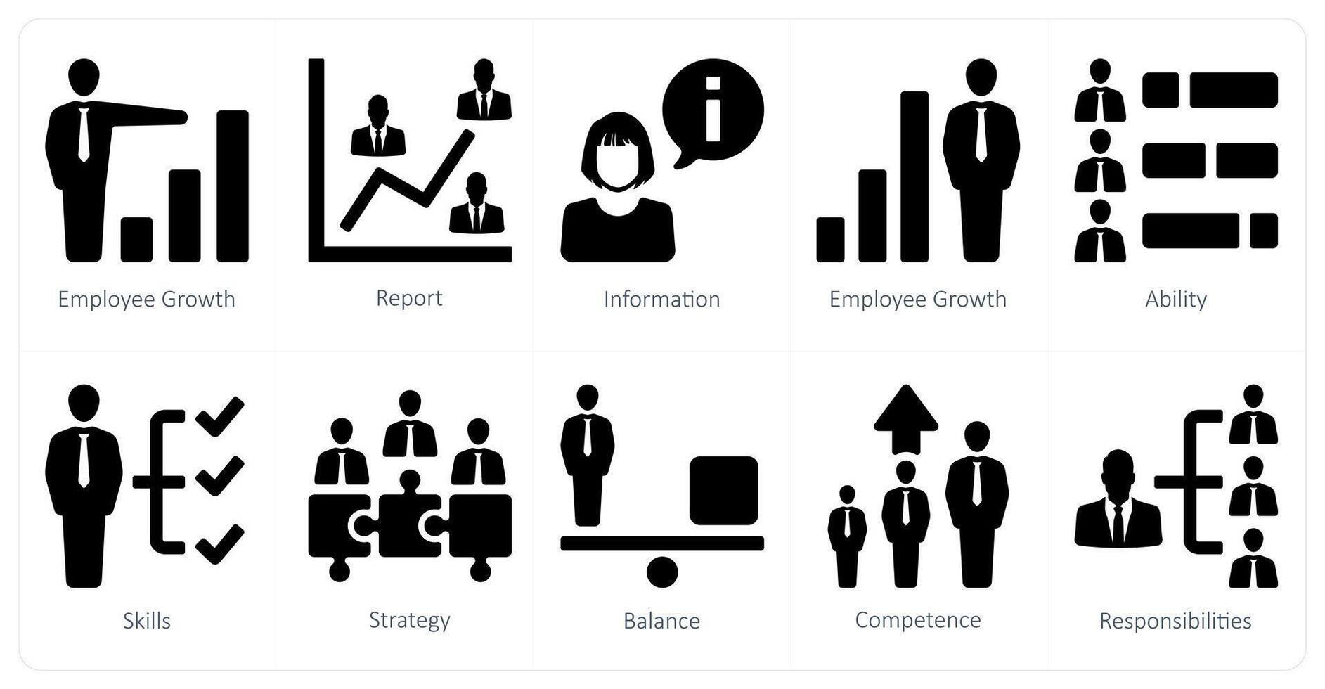 uma conjunto do 10 humano Recursos ícones Como empregado crescimento, relatório, em formação vetor