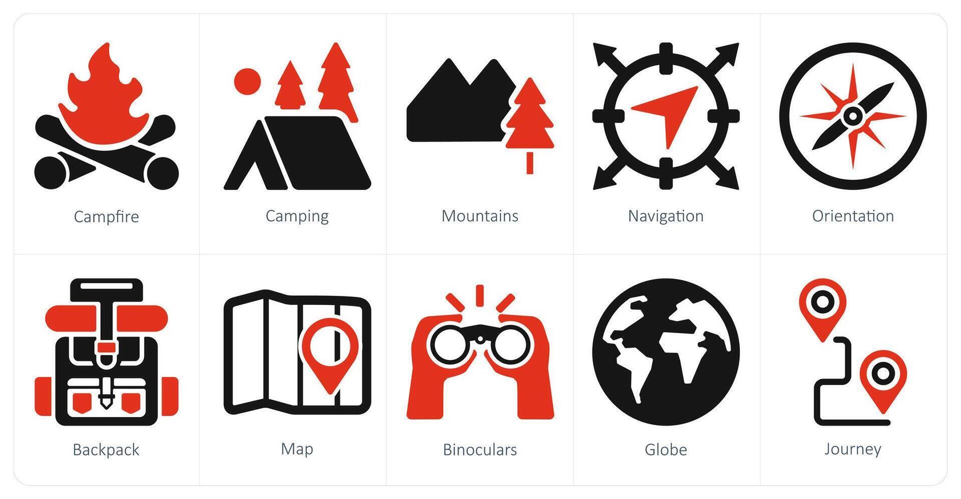 uma conjunto do 10 aventura ícones Como fogueira, acampamento, montanhas vetor