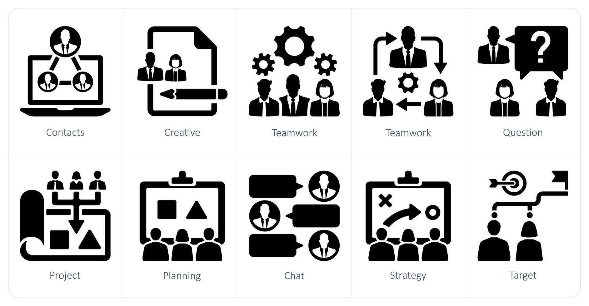 uma conjunto do 10 trabalho em equipe ícones Como Contatos, criativo, trabalho em equipe vetor