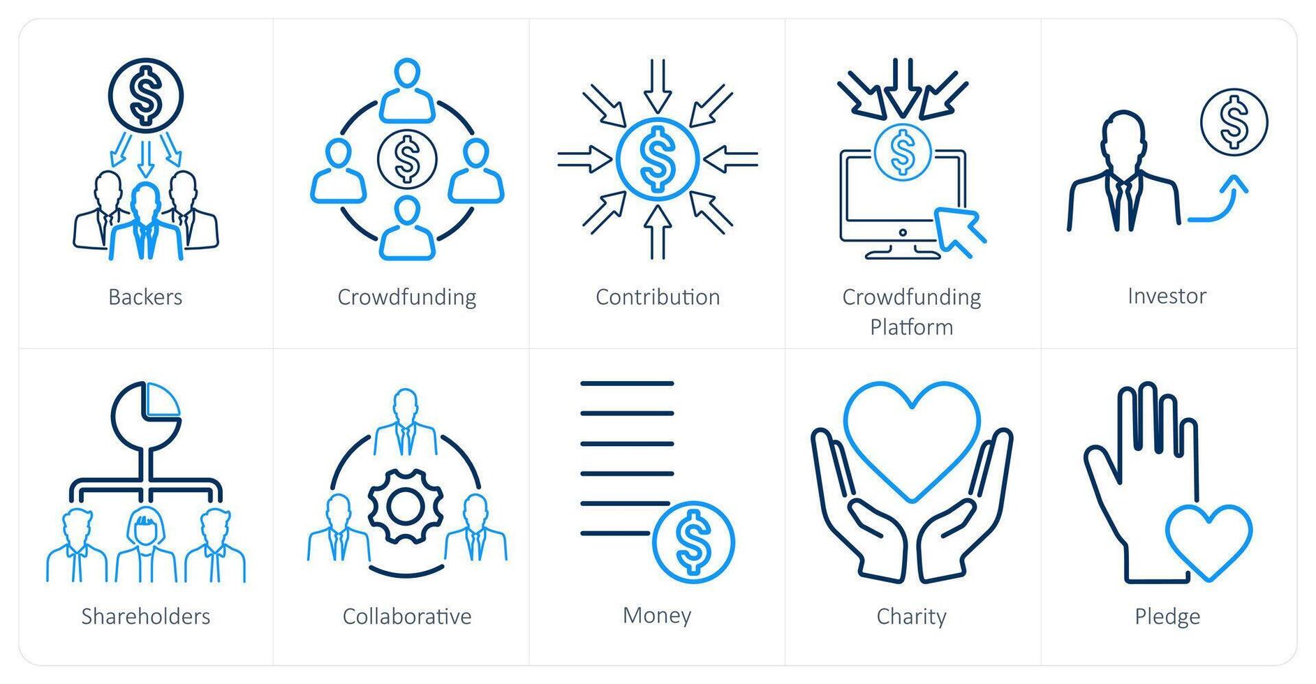 uma conjunto do 10 financiamento colaborativo ícones Como apoiadores, financiamento colaborativo, contribuição vetor