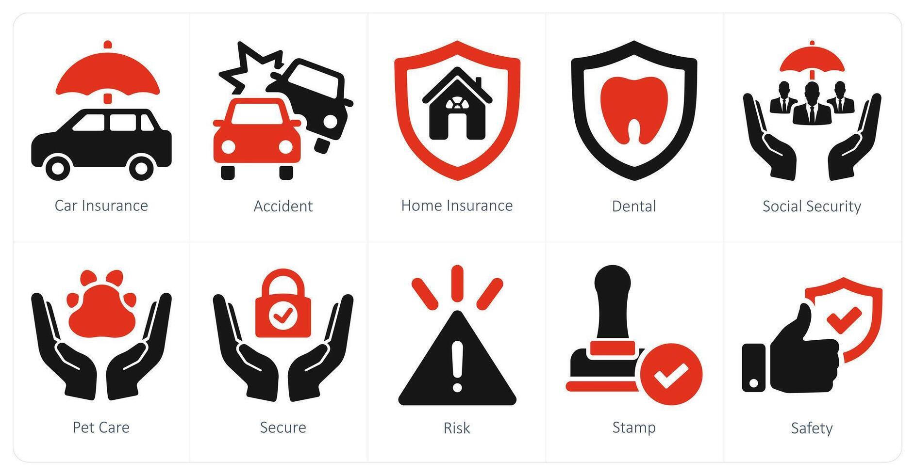 uma conjunto do 10 seguro ícones Como carro seguro, acidente, casa seguro vetor