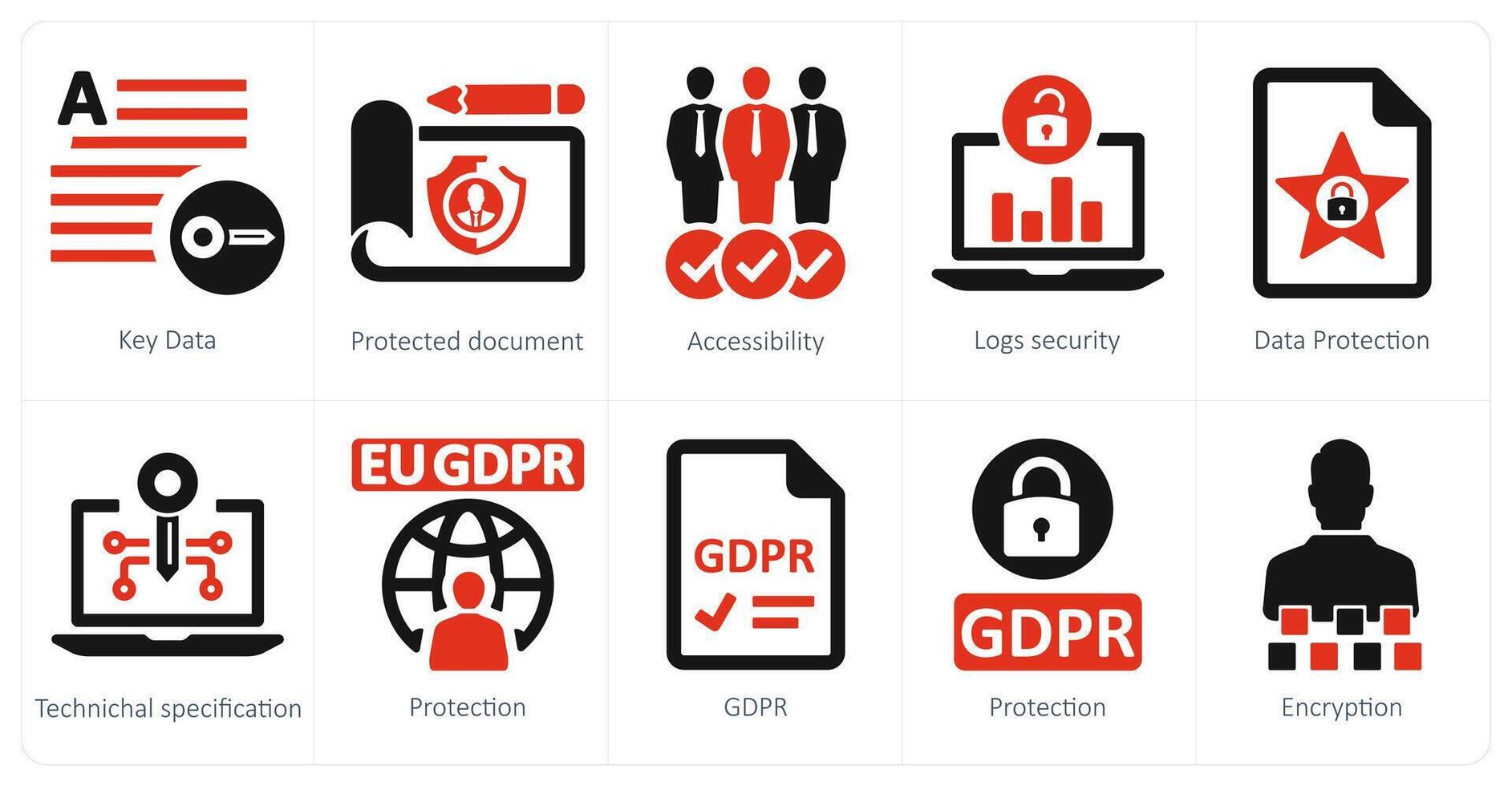 uma conjunto do 10 gdpr ícones Como chave dados, protegido documento, acessibilidade vetor