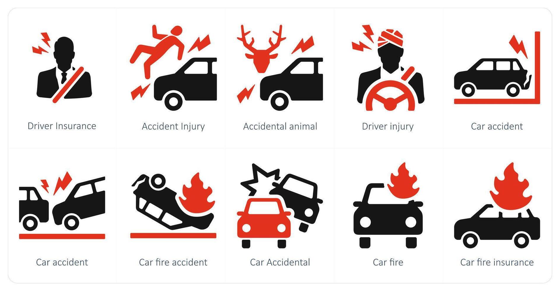 uma conjunto do 10 seguro ícones Como motorista seguro, acidente ferida, acidental animal vetor