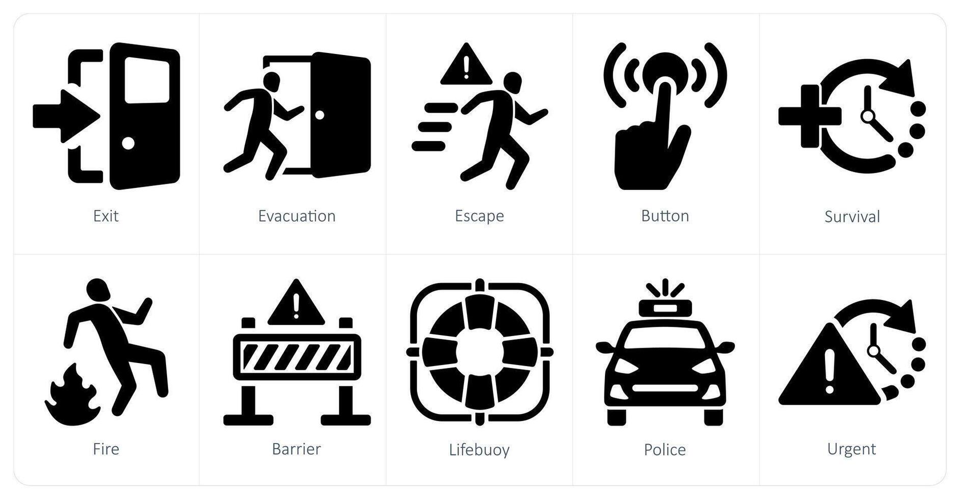 uma conjunto do 10 emergência ícones Como saída, evacuação, fuga vetor