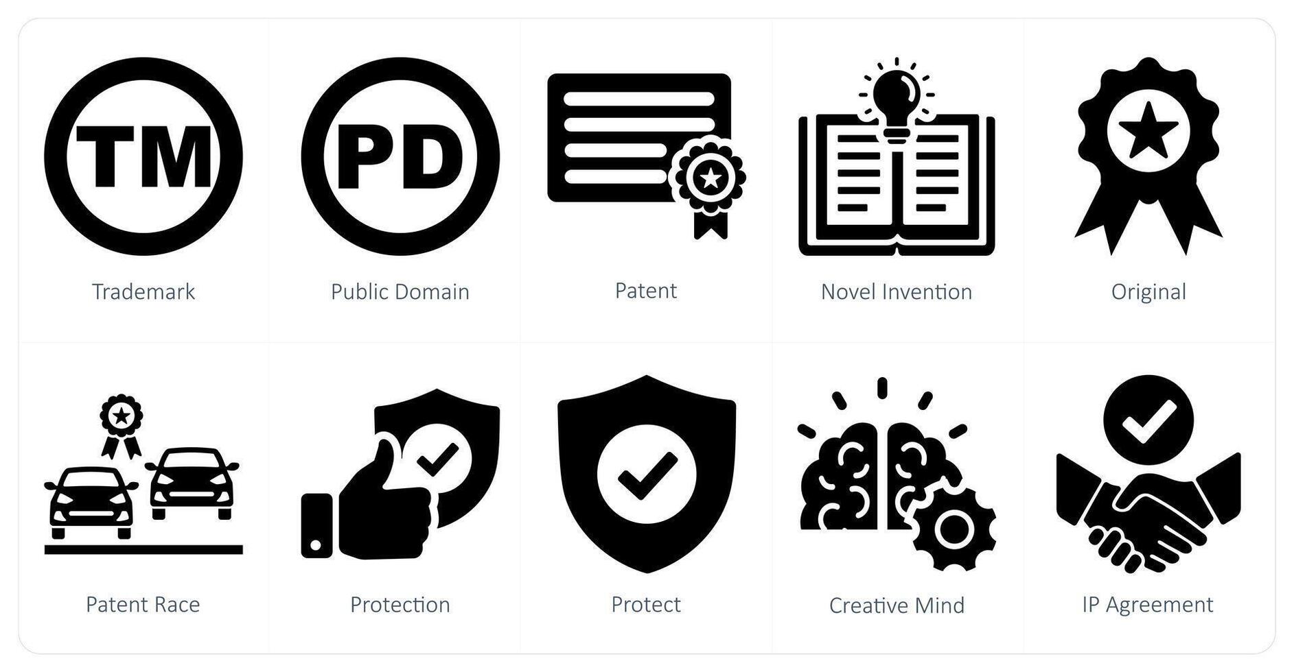 uma conjunto do 10 intelectual propriedade ícones Como marca comercial, público domínio, patente vetor