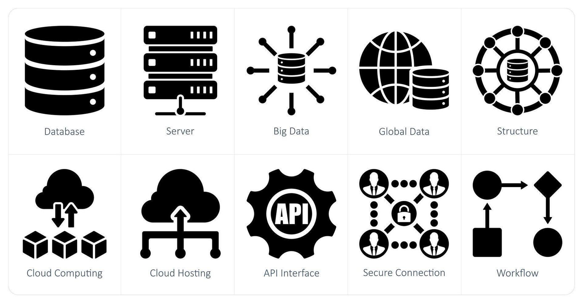 uma conjunto do 10 dados analytics ícones Como base de dados, servidor, grande dados vetor