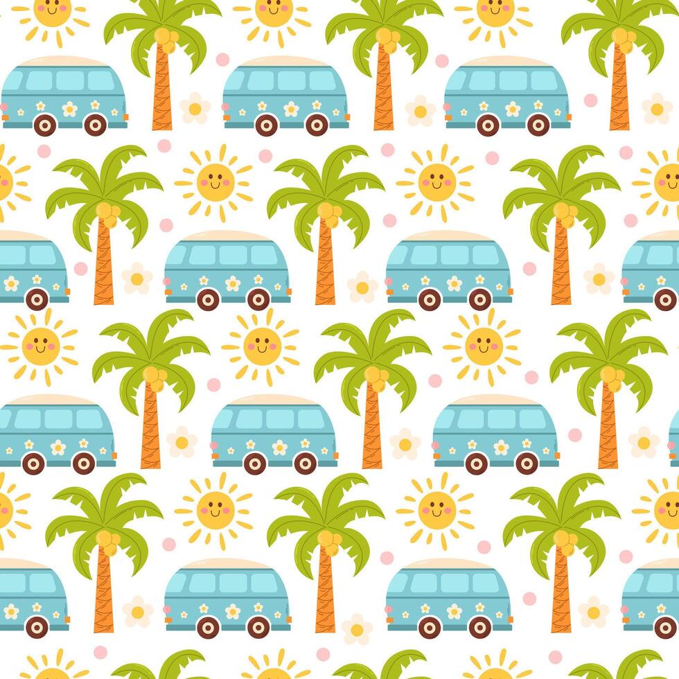 desatado verão padronizar com carro ou ônibus, Palma árvore e Sol. fundo vetor