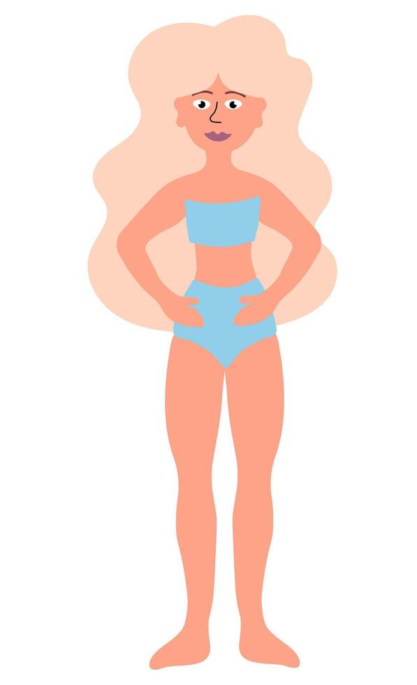 corpo positivo conceito. feliz fino loiro mulher dentro azul roupa de banho de pé. desenho animado plano ilustração. vetor
