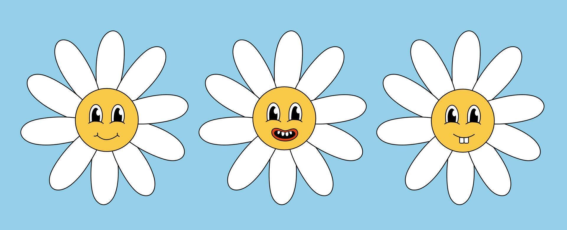 retro Anos 70 anos 60 anos 80 hippie groovy fofa margarida flores definir. sorridente face. coleção camomila flor poder elementos. ilustração isolado em azul fundo. vetor