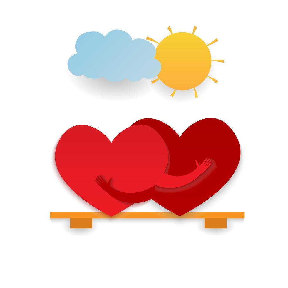 uma fofa ilustração com dois corações abraçando em uma Banco e a Sol com uma nuvem em branco fundo. vetor