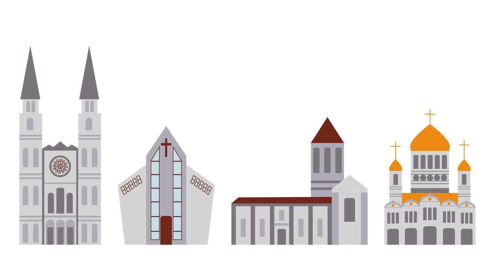 conjunto do ícones do religioso edifícios do diferente eras românico, gótico, ortodoxo e moderno igrejas, elementos do urbano a infraestrutura, ilustrações dentro plano estilo vetor