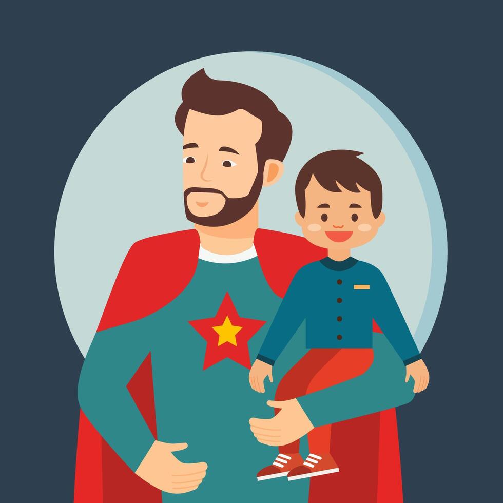 feliz pai dia celebração com personagem do Papai Como Super heroi herói segurando dele filho vetor