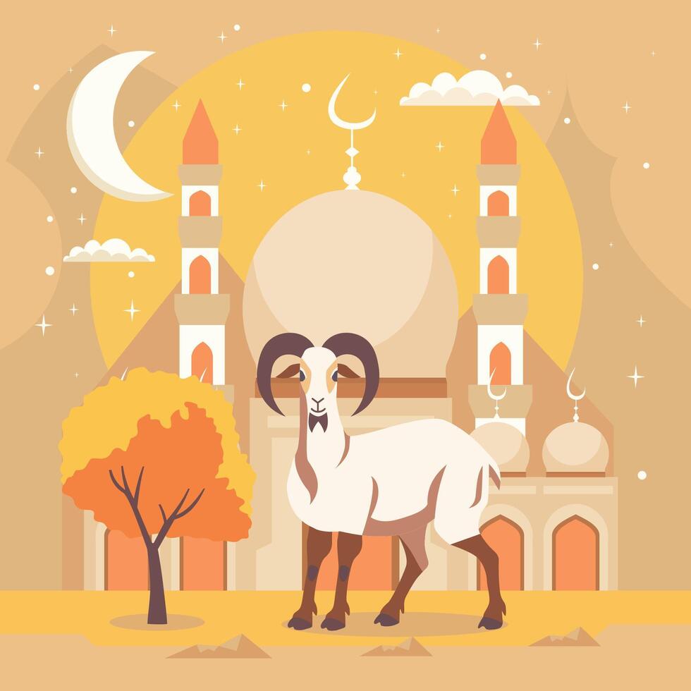 ovelha bode animal para islâmico eid al adha celebração dentro mesquita fundo vetor