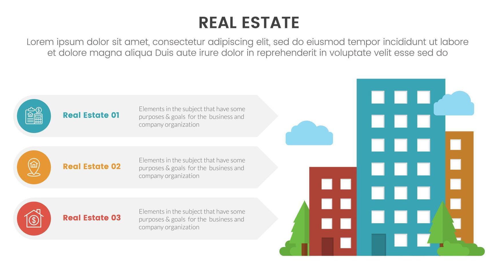 real Estado propriedade infográfico modelo bandeira com grande hotel construção com parque com 3 ponto Lista em formação para deslizar apresentação vetor