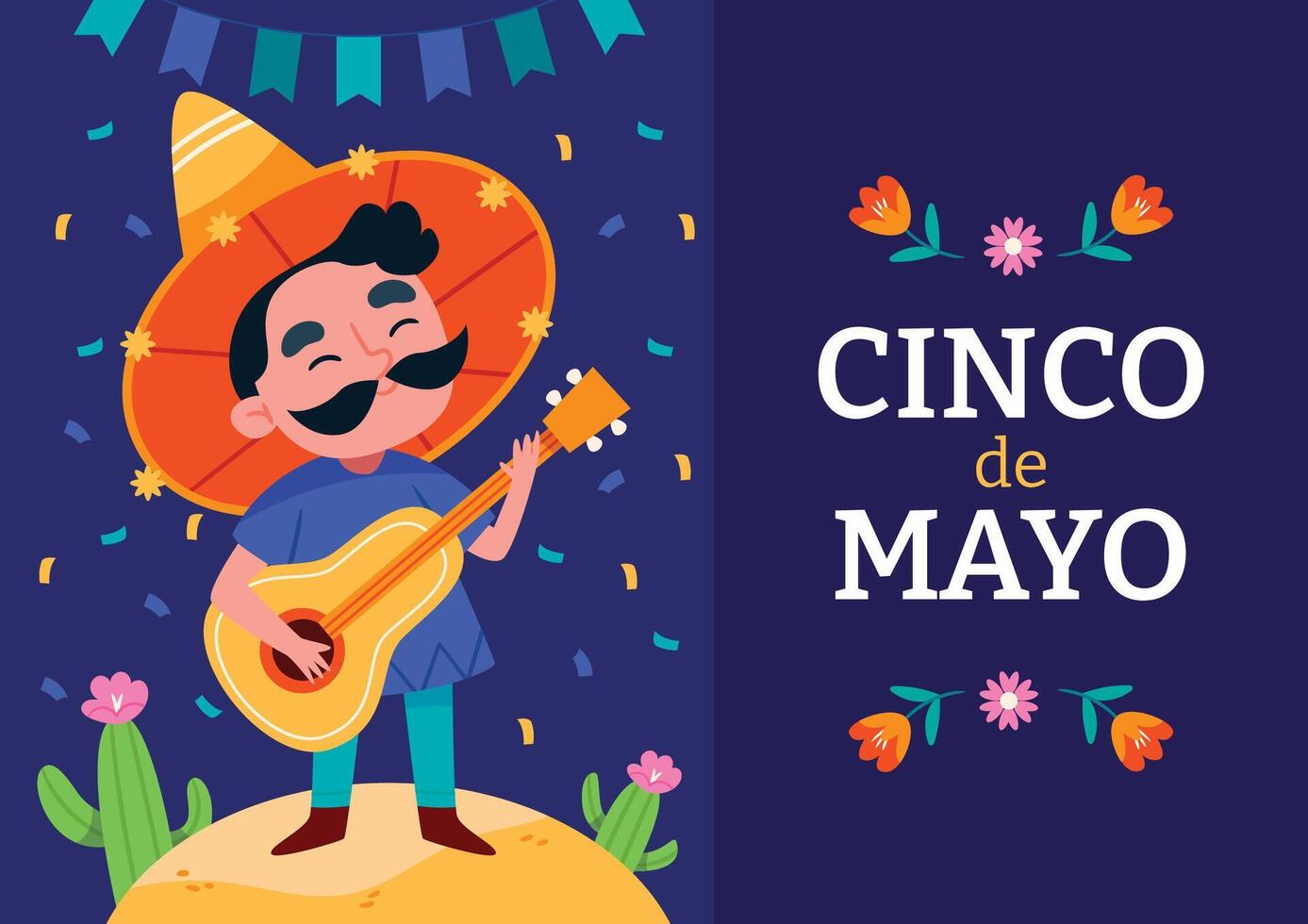 mexicano mariachi músico com guitarra para cinco de maionese feriado. vetor