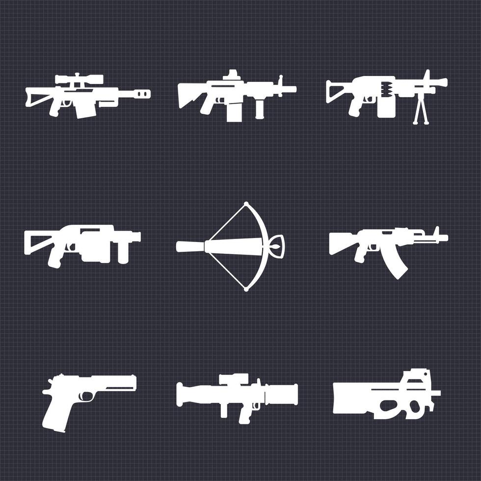 armas, armas de fogo ícones definir, automático armas, Franco atirador e assalto rifles, besta, pistola, granada, foguete lançadores, ilustração vetor