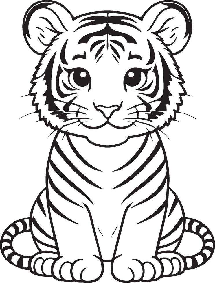 tigre desenho animado personagem, fofa linhas e colorida coloração Páginas. vetor