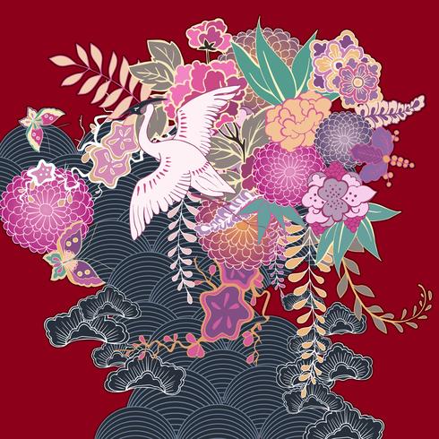 Motivo floral de quimono vintage vetor
