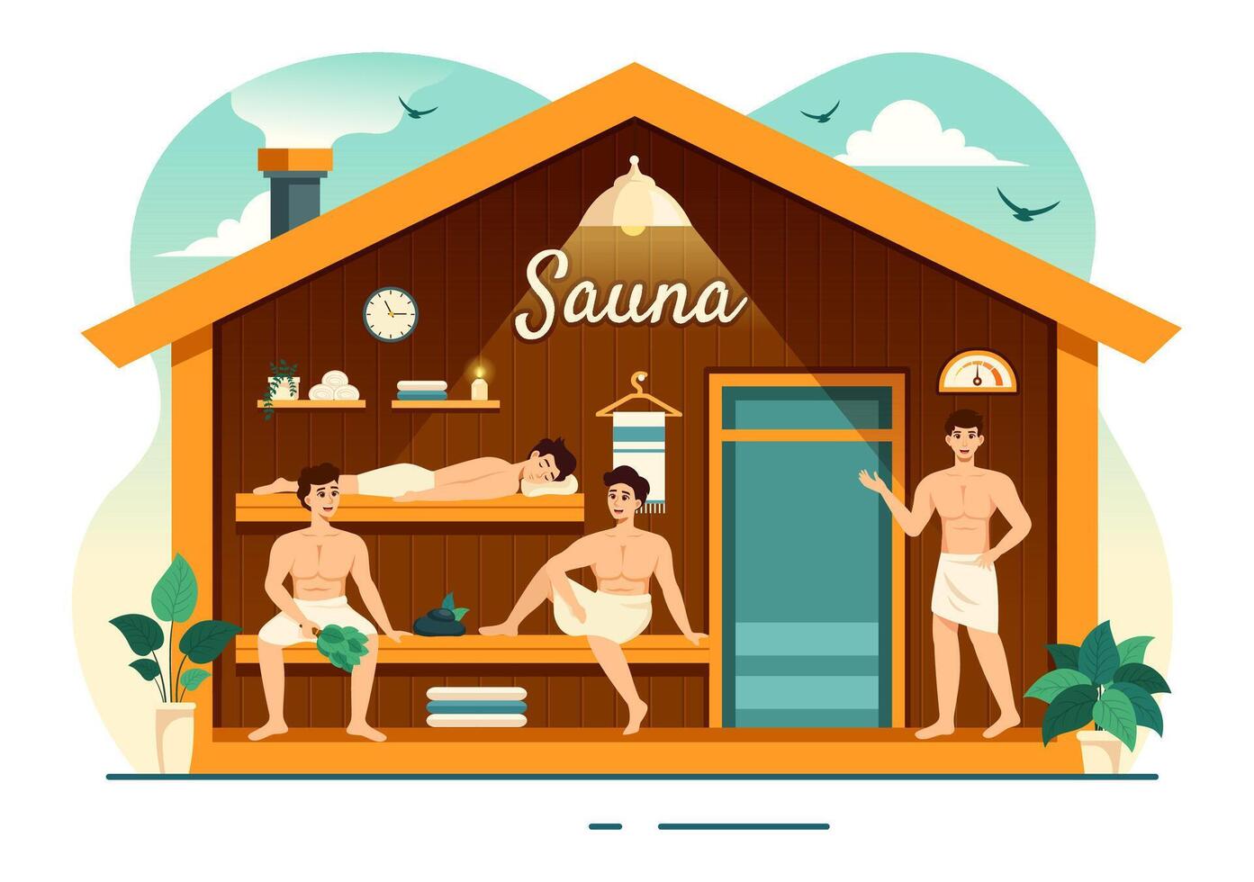 sauna e vapor quarto ilustração com pessoas relaxar, lavando seus corpos ou desfrutando Tempo dentro plano desenho animado fundo Projeto vetor